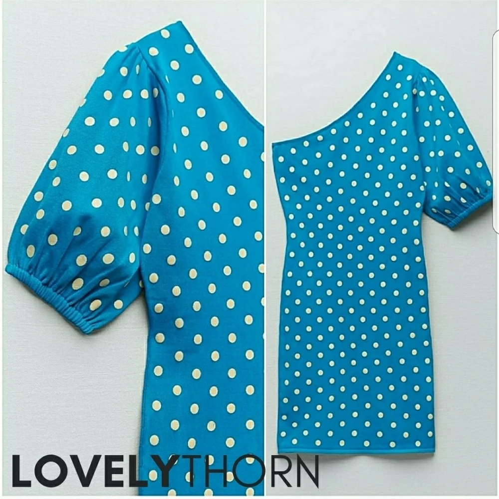 ZARA // turquoise polka dot one puff shoulder soft & stretchy knit mini dress - Picture 12 of 16